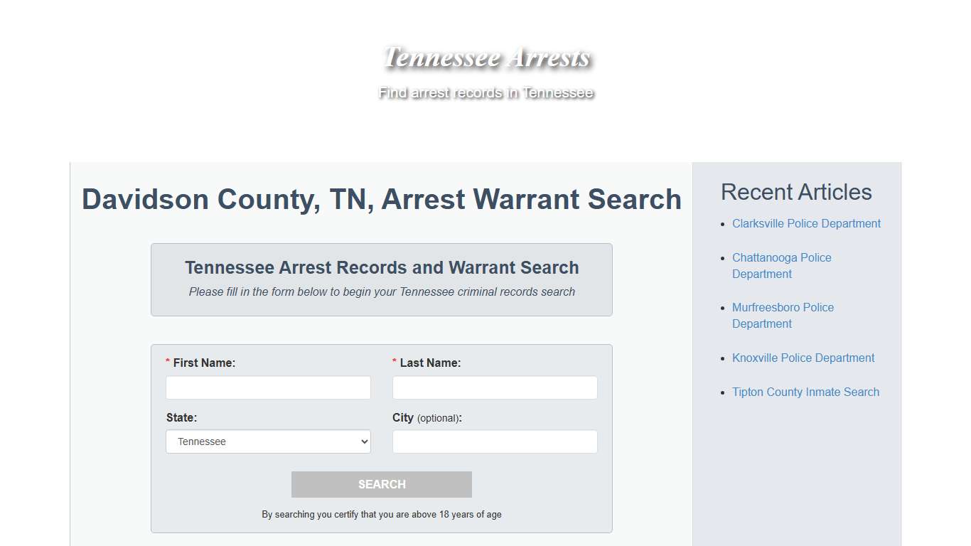 Davidson County, TN, Arrest Warrant Search - Tennessee Arrests